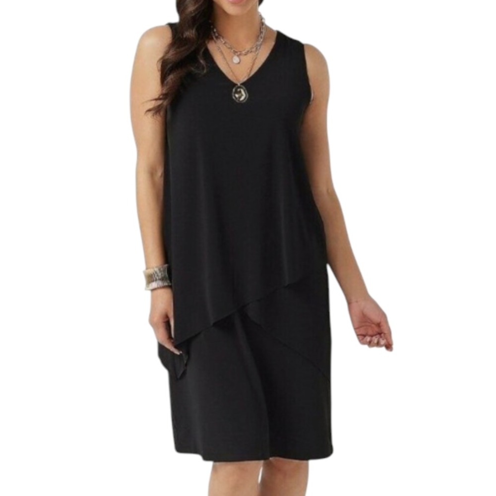 SUSAN GRAVER Liquid Knit BLACK TANK MIDI DRESS Asymmetric Shift Tiered SZ L